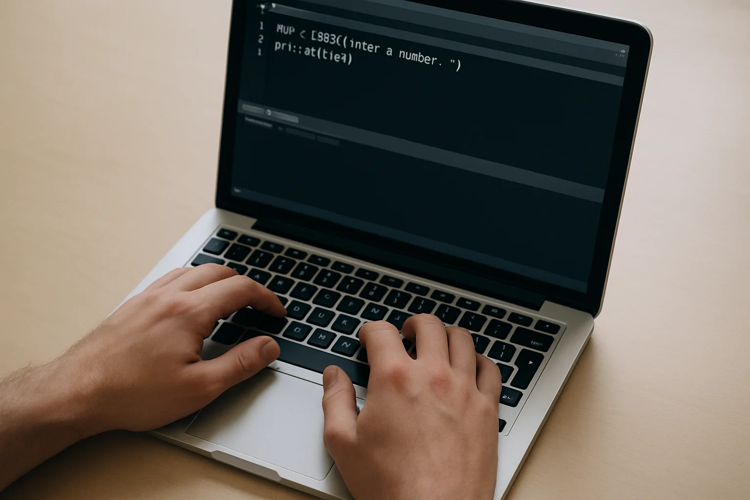 Des mains tapent sur un ordinateur portable pour convertir une saisie en entier dans un exercice Python, sur un bureau sobre éclairé par la lumière naturelle.