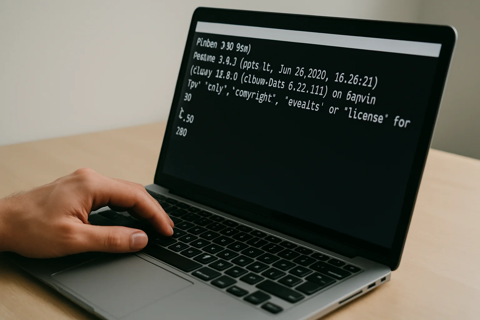 Un ordinateur portable affiche un exercice Python où une valeur numérique saisie est utilisée dans un calcul, avec une main près du clavier.