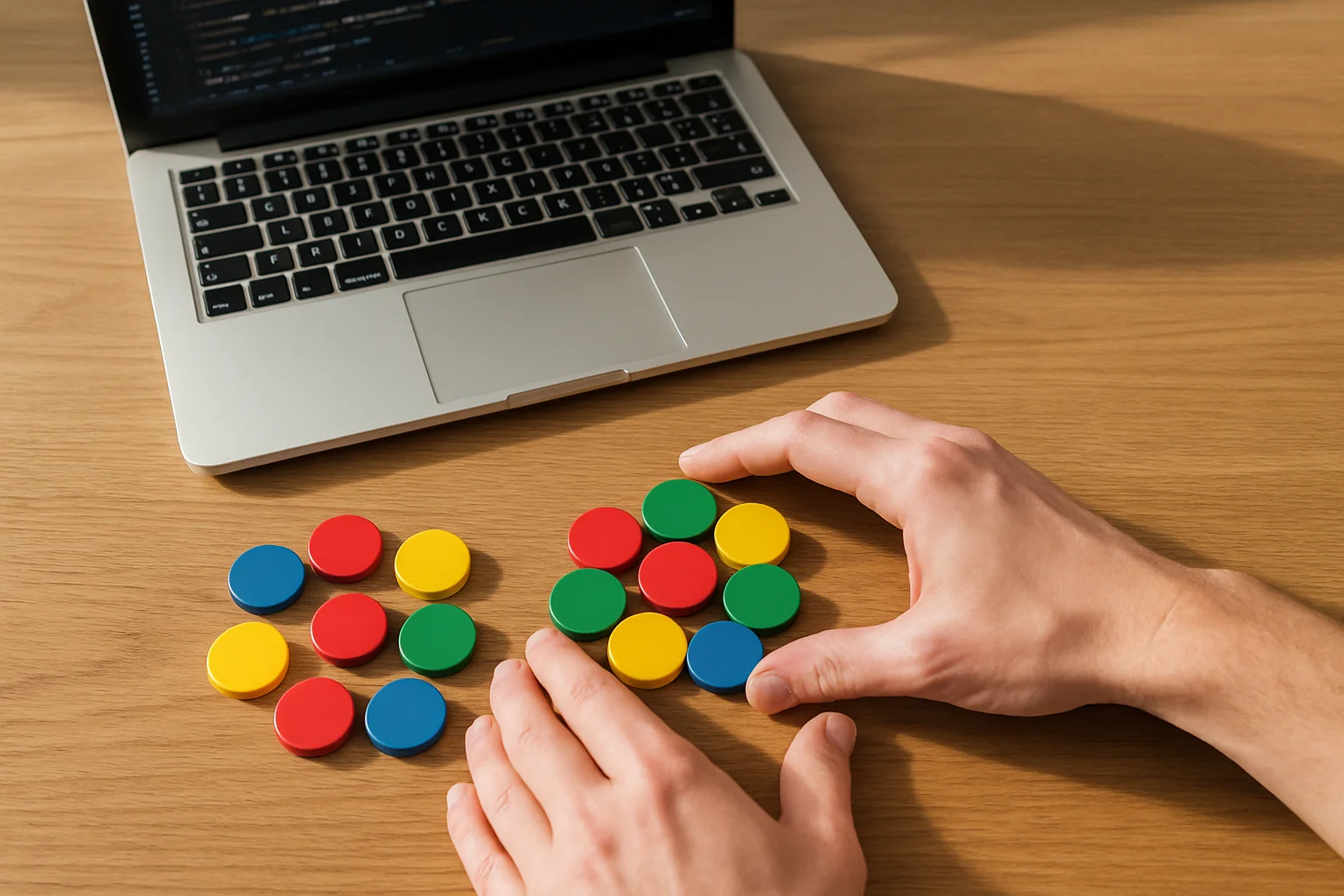 Vue de dessus de deux groupes de jetons colorés rapprochés à la main pour former un seul ensemble combiné sur un bureau près d’un ordinateur portable.
