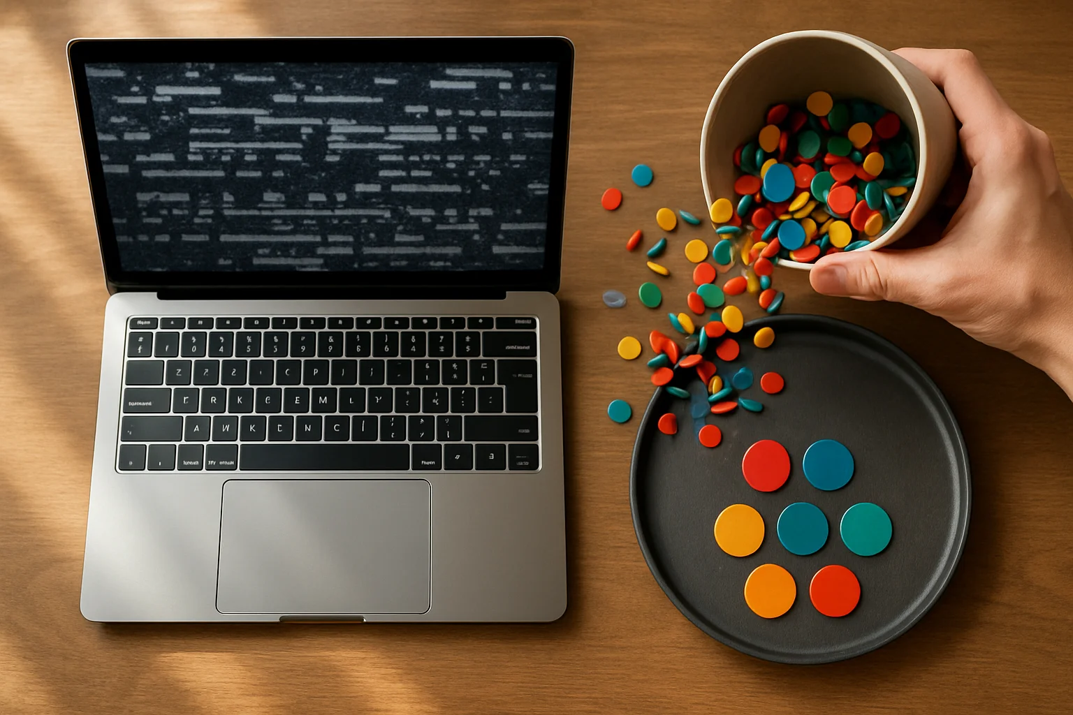 Vue de dessus d’un bureau avec un ordinateur portable et des jetons colorés versés dans un plateau, où les doublons ne restent visibles qu’une seule fois.