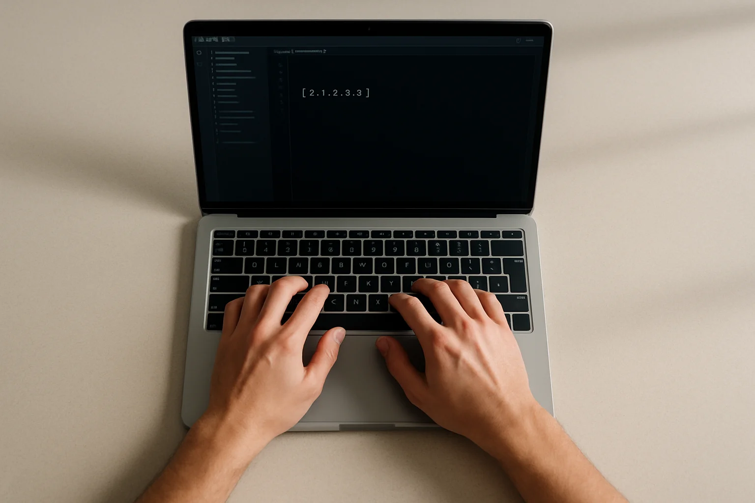 Vue de dessus d’un ordinateur portable sur un bureau minimaliste, avec une liste numérique simple affichée dans un éditeur de code et des mains sur le clavier, sans visage visible.