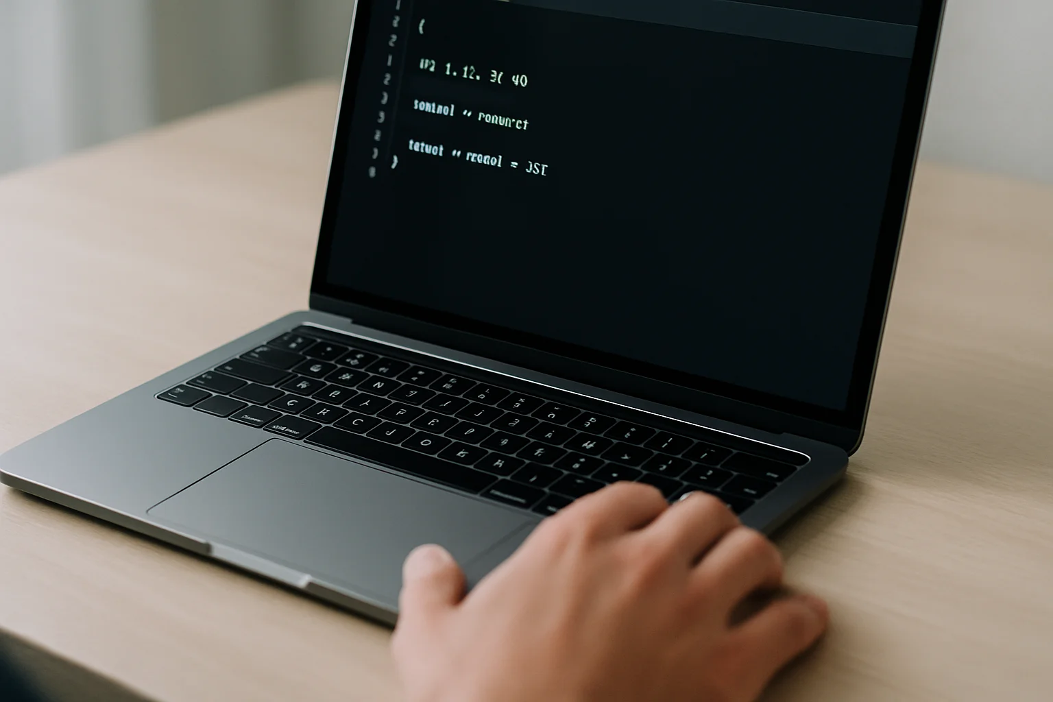 Gros plan sur un ordinateur portable montrant le calcul du total d’une liste numérique dans un éditeur de code, avec une main sur le pavé tactile.