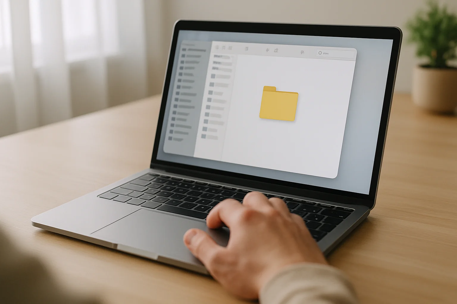 Une main utilise un ordinateur portable pendant qu’un nouveau dossier apparaît dans une fenêtre de gestion de fichiers à l’écran, sur un bureau simple éclairé par la lumière du jour.