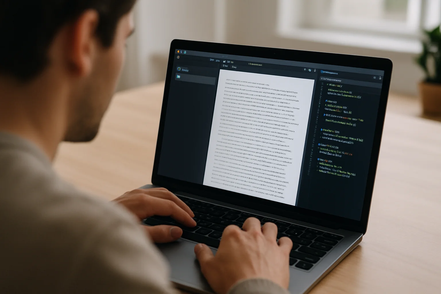 Vue par-dessus l’épaule d’un ordinateur portable affichant un fichier texte ouvert à côté d’un éditeur de code, avec les mains près du clavier.