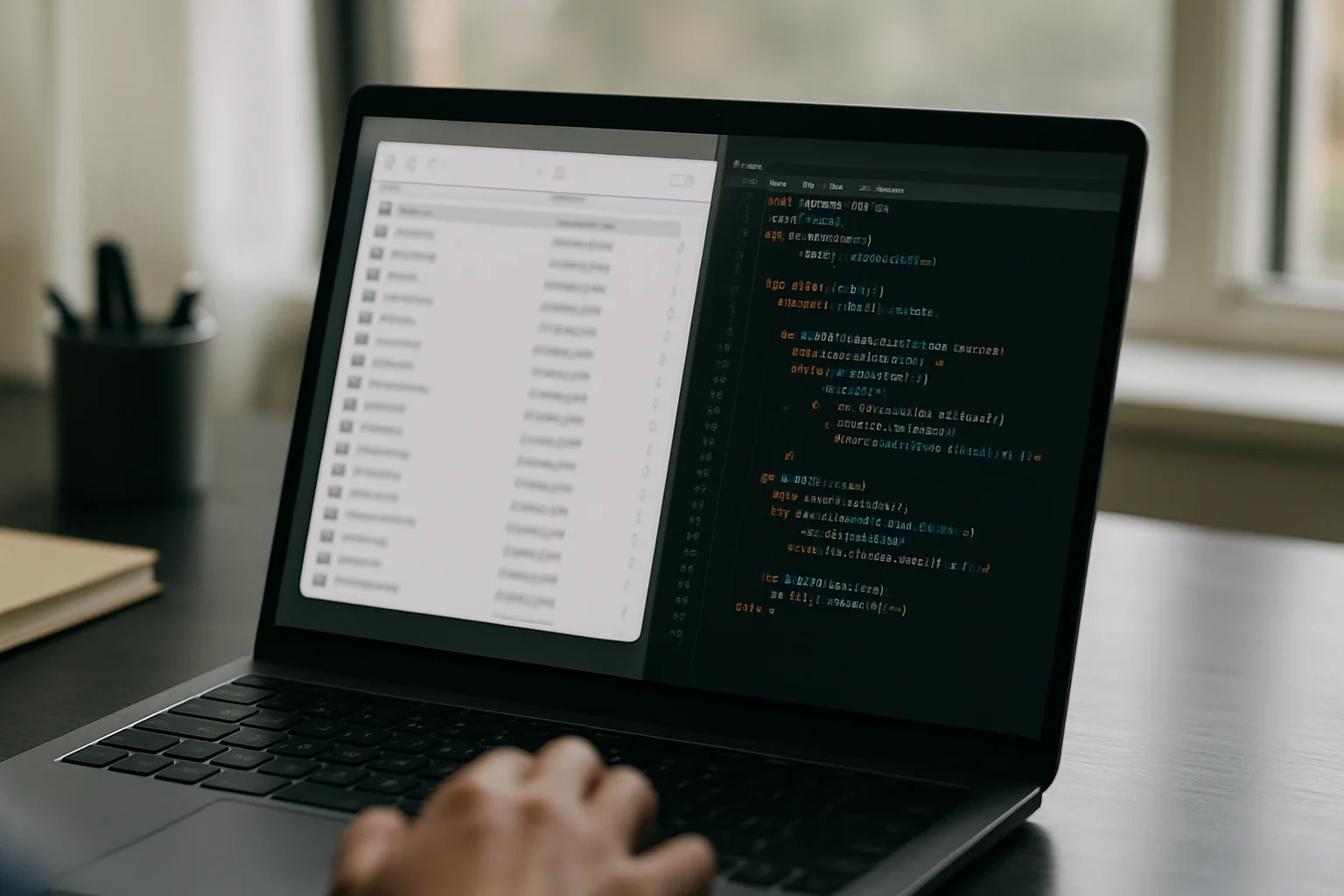 Un ordinateur portable affiche un dossier contenant plusieurs fichiers à côté d’une fenêtre de code, dans un espace de travail sobre éclairé naturellement.
