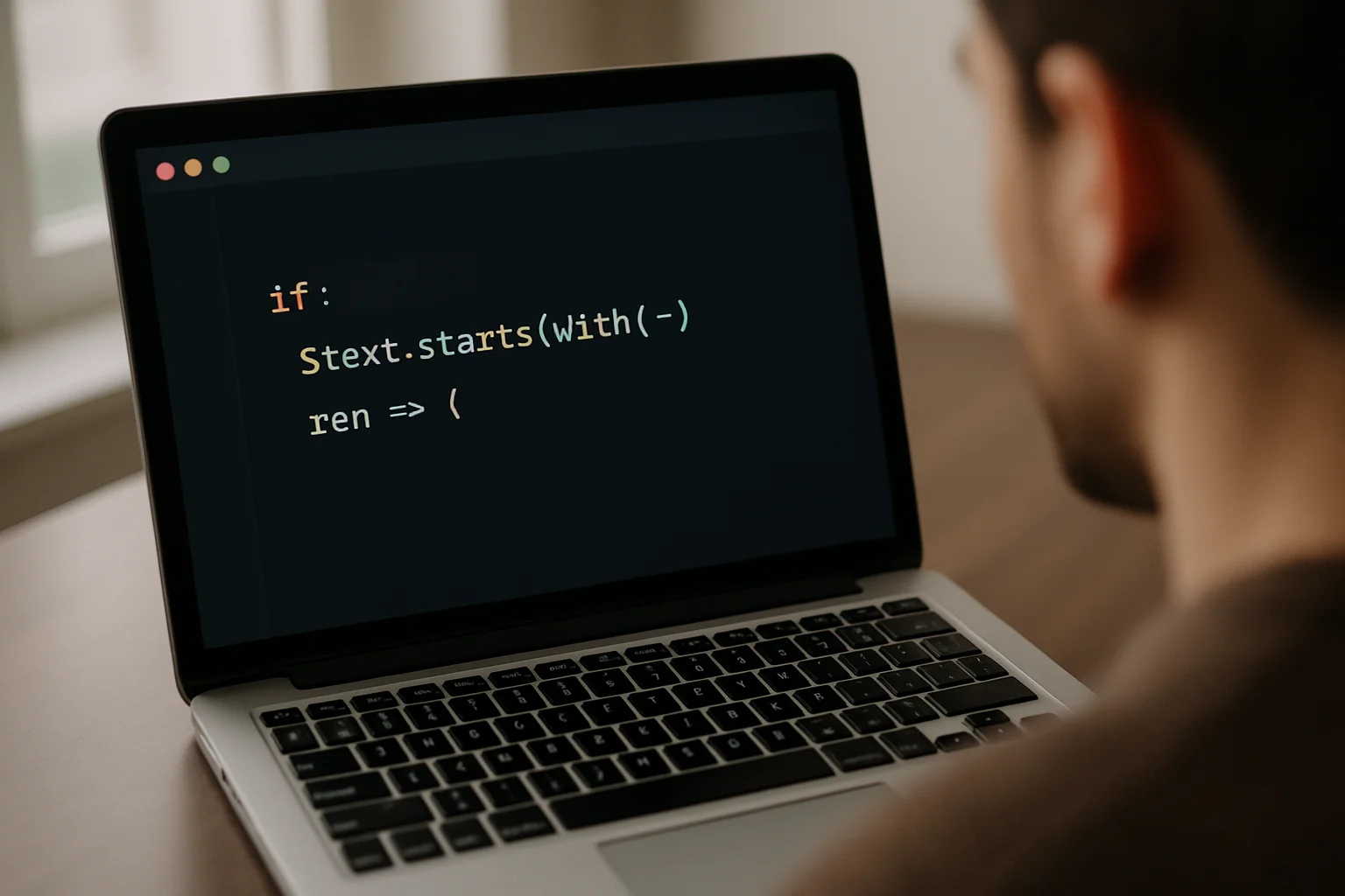 Vue rapprochée d’un ordinateur portable montrant un éditeur de code centré sur un test du début d’un texte, avec clavier visible et lumière naturelle.