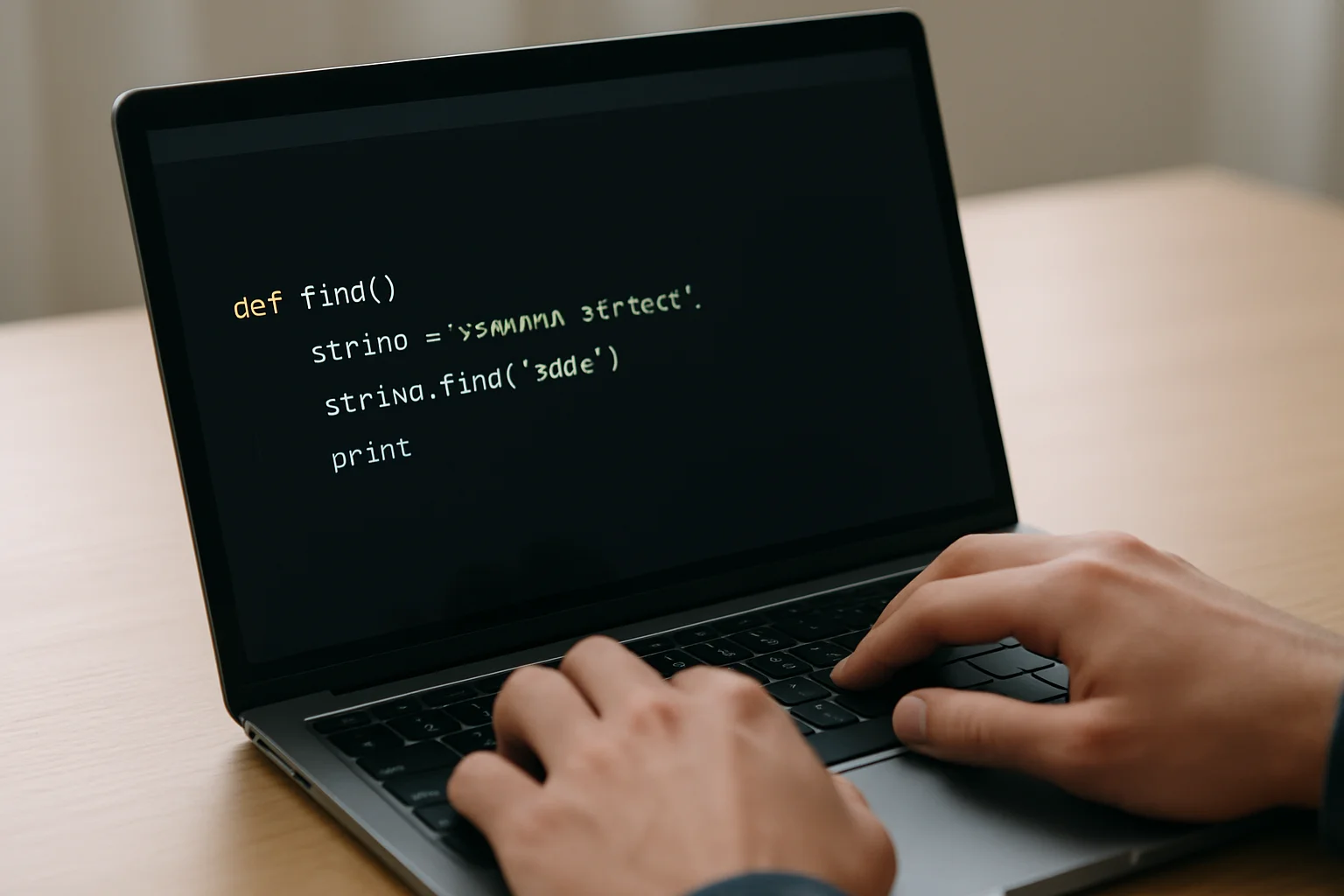 Gros plan sur un ordinateur portable avec des mains près du clavier, illustrant la recherche de la position d’une partie d’un texte dans du code Python.
