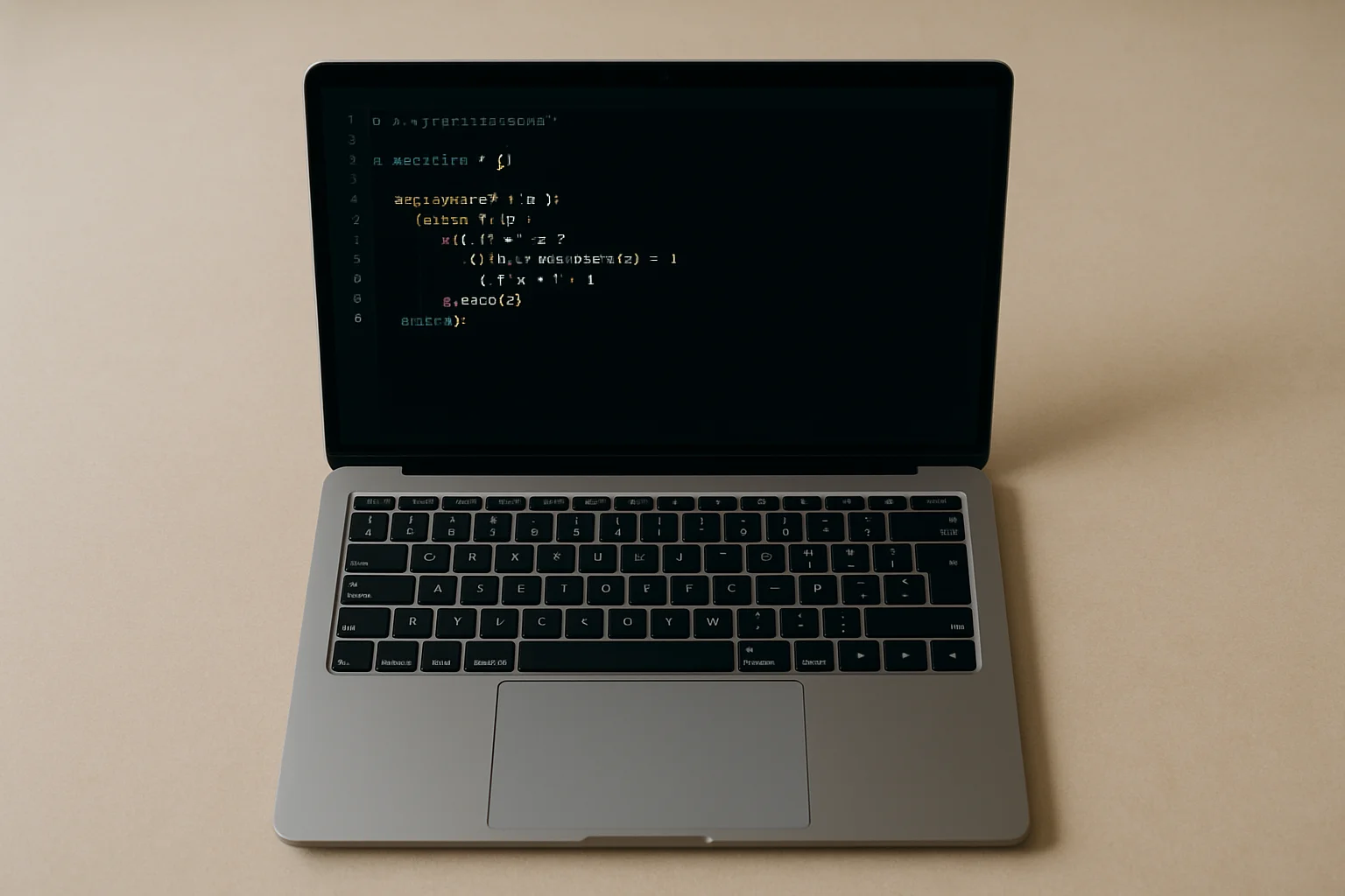Vue de dessus d’un ordinateur portable affichant un exemple de code Python pour compter des occurrences dans un texte, sur un bureau dégagé.