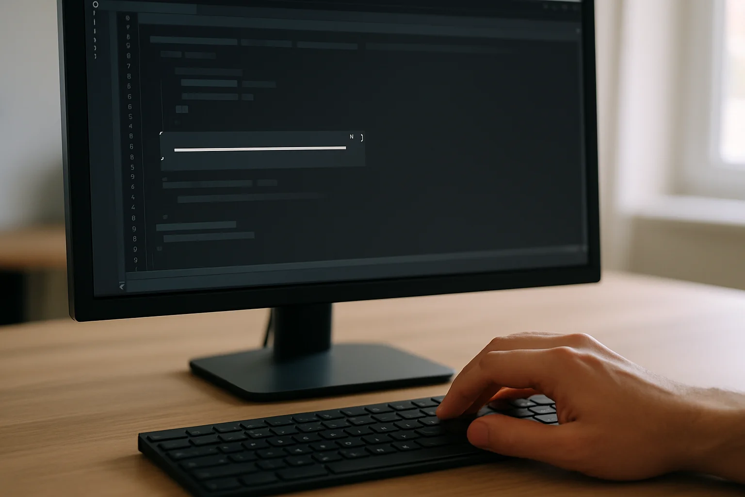 Gros plan réaliste d’un écran d’ordinateur et d’un clavier sur un bureau, avec une main près des touches, montrant la préparation d’une chaîne entourée d’espaces dans un espace de code sans texte lisible.