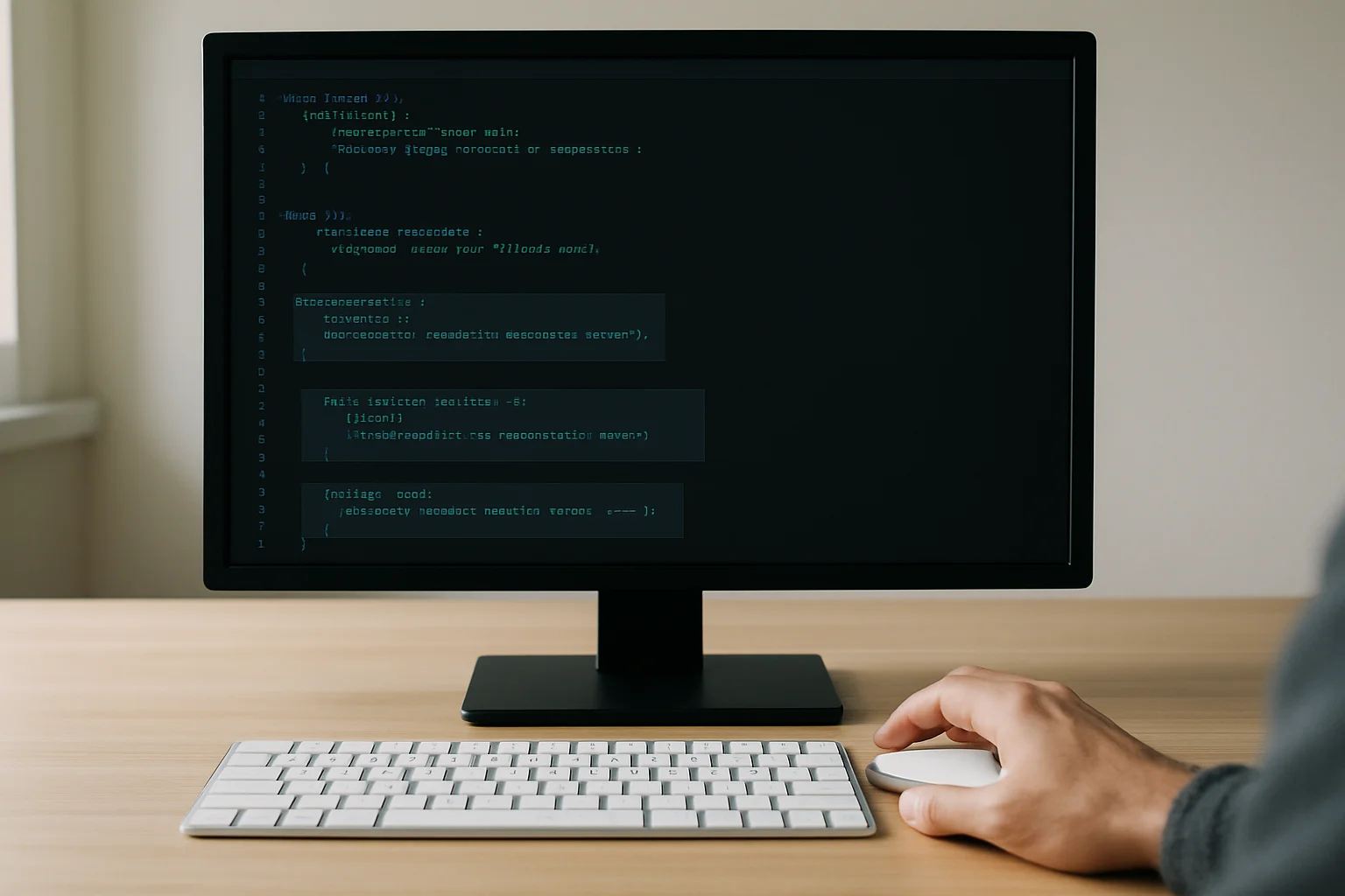 Photo réaliste d’un écran d’ordinateur dans un environnement de code simple où une courte séquence de texte est découpée en plusieurs segments distincts, avec clavier et main partielle.