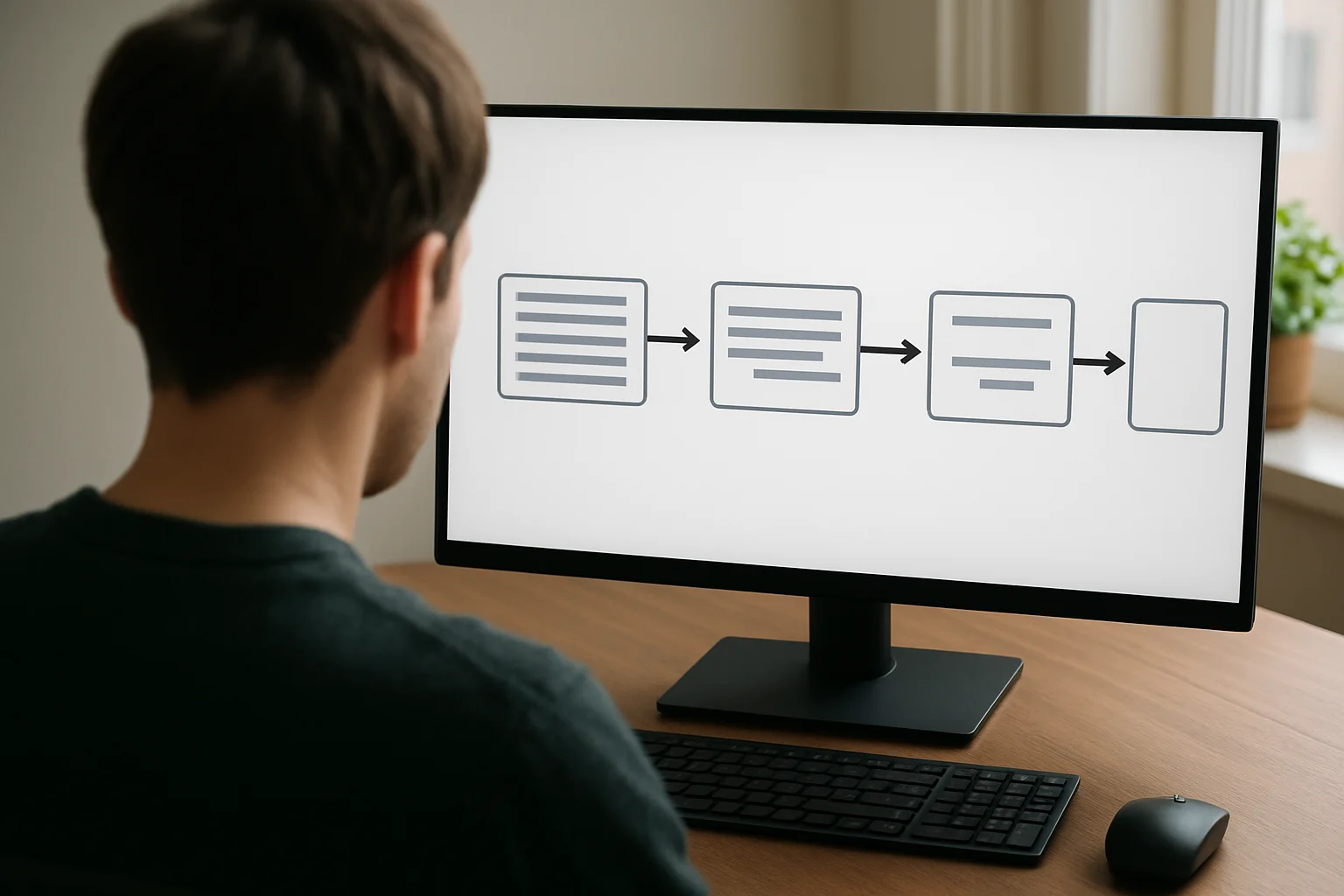 Vue réaliste par-dessus l’épaule d’un poste informatique montrant un enchaînement d’actions de nettoyage de texte aboutissant à un résultat plus propre, sans mots lisibles.